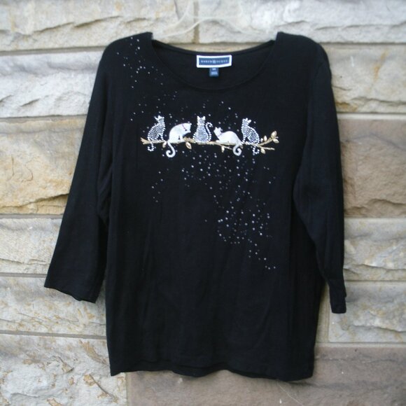 Karen Scott Tops - Cats on Branch Black Long Sleeve Shirt Size OX